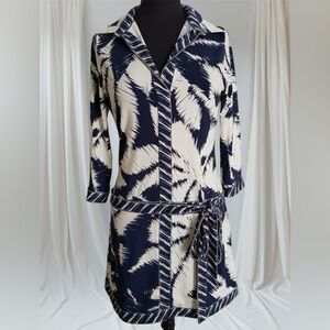 NWT BCBG MAXAZRIA XS blue off-white palm leaf print belted tunic dress $178.00